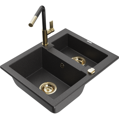 Mexen Carlos granite sink 1.5-bowl with Flora kitchen faucet, black speckled - 6518-76-670401-75-G