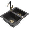 Mexen Carlos granite sink 1.5-bowl with Flora kitchen faucet, black speckled - 6518-76-670401-75-G