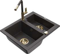 Mexen Carlos 1.5-bowl granite sink with Flora kitchen tap, black speckled - 6518-76-670401-75-G