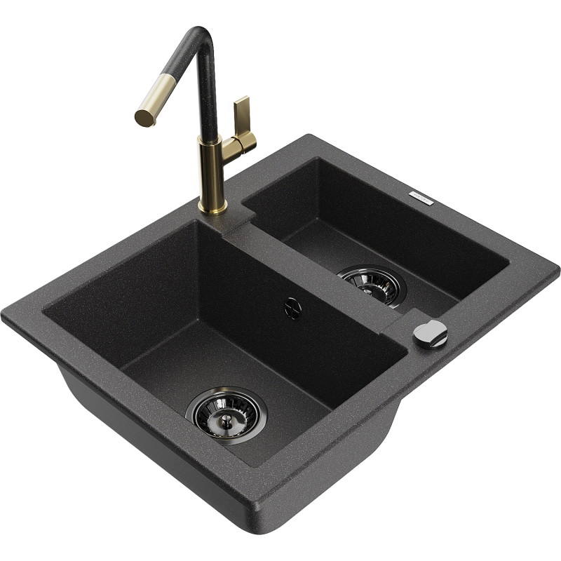Mexen Carlos 1.5-bowl granite sink with Flora kitchen faucet, black speckled - 6518-76-670401-75-B
