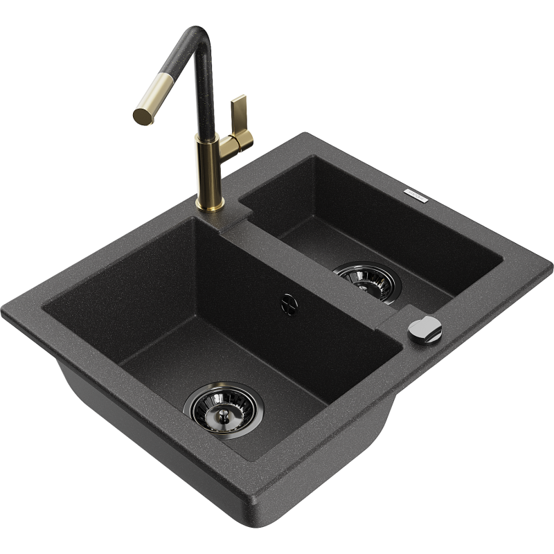 Mexen Carlos 1.5-bowl granite sink with Flora kitchen tap, black speckled - 6518-76-670401-75-B