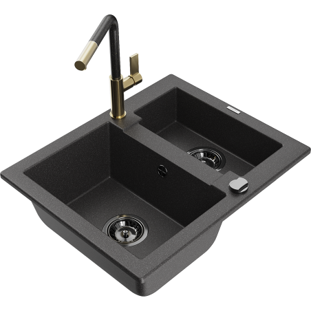 Mexen Carlos 1.5-bowl granite sink with Flora kitchen faucet, black speckled - 6518-76-670401-75-B