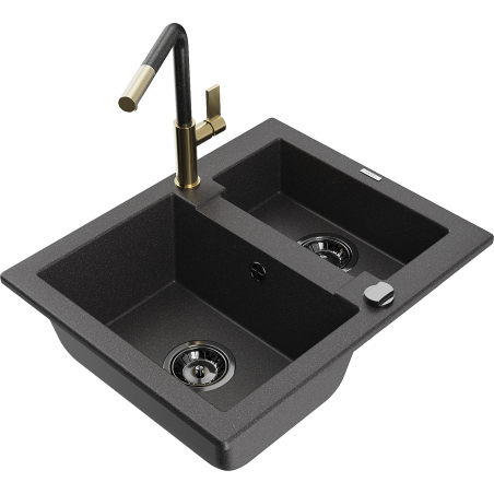 Mexen Carlos 1.5-bowl granite sink with Flora kitchen tap, black speckled - 6518-76-670401-75-B