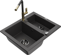Mexen Carlos 1,5-compartment granite sink with a kitchen mixer tap Flora, spotted black - 6518-76-670401-75-B