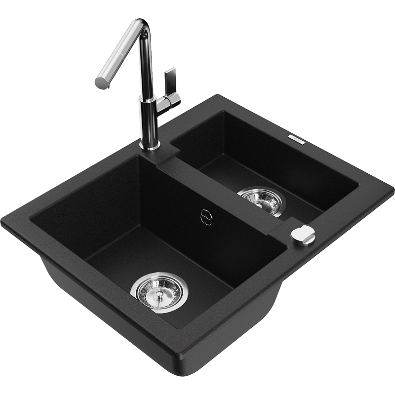 Mexen Carlos 1.5-bowl granite sink with Flora kitchen tap, black - 6518-77-670401-00