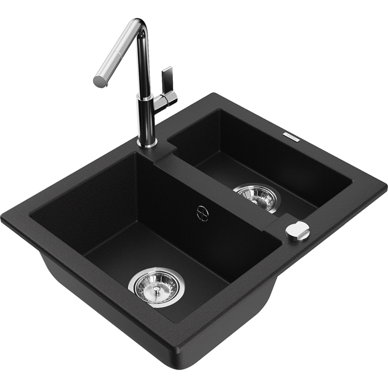 Mexen Carlos 1,5-compartment granite sink with a kitchen mixer tap Flora, Black - 6518-77-670401-00