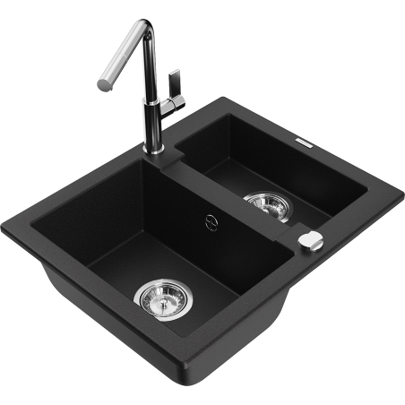 Mexen Carlos 1,5-compartment granite sink with a kitchen mixer tap Flora, Black - 6518-77-670401-00