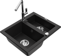 Mexen Carlos 1,5-compartment granite sink with a kitchen mixer tap Flora, Black - 6518-77-670401-00
