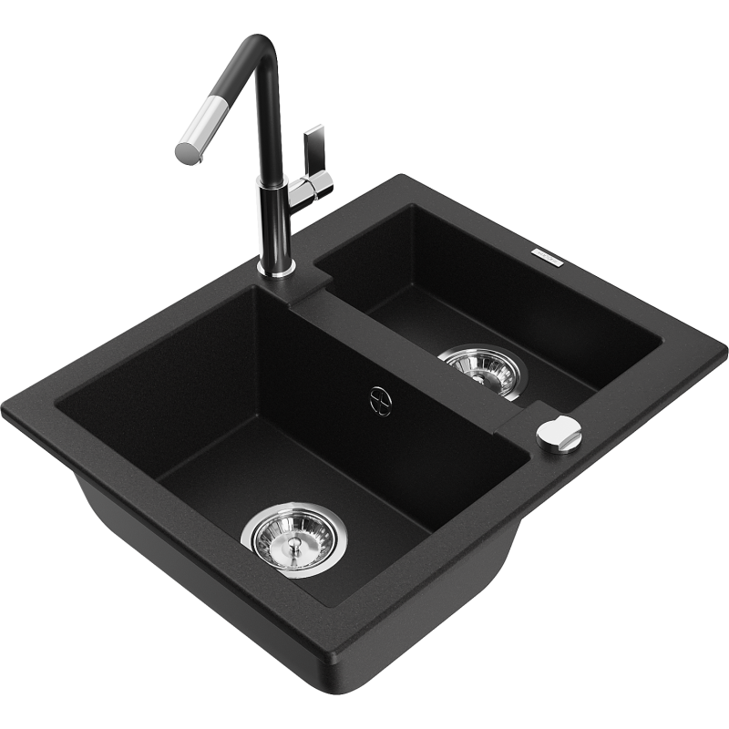 Mexen Carlos granite sink 1.5-bowl with Flora kitchen tap, black - 6518-77-670401-07