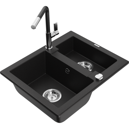 Mexen Carlos 1,5-compartment granite sink with a kitchen mixer tap Flora, Black - 6518-77-670401-07