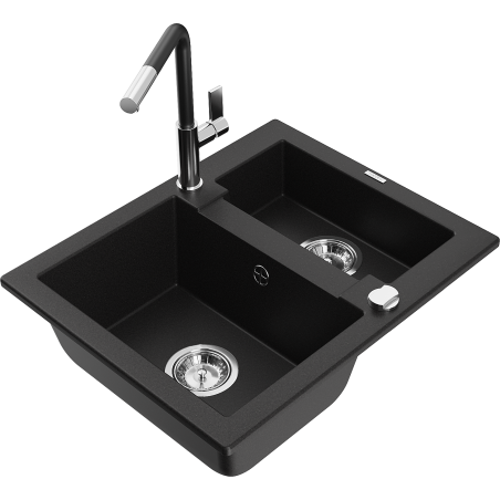 Mexen Carlos granite sink 1.5-bowl with Flora kitchen tap, black - 6518-77-670401-07