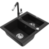 Mexen Carlos granite sink 1.5-bowl with Flora kitchen tap, black - 6518-77-670401-07