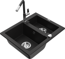 Mexen Carlos 1,5-compartment granite sink with a kitchen mixer tap Flora, Black - 6518-77-670401-07