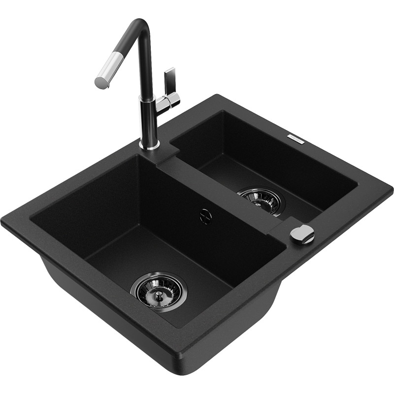Mexen Carlos granite sink 1.5-bowl with Flora kitchen faucet, black - 6518-77-670401-07-B