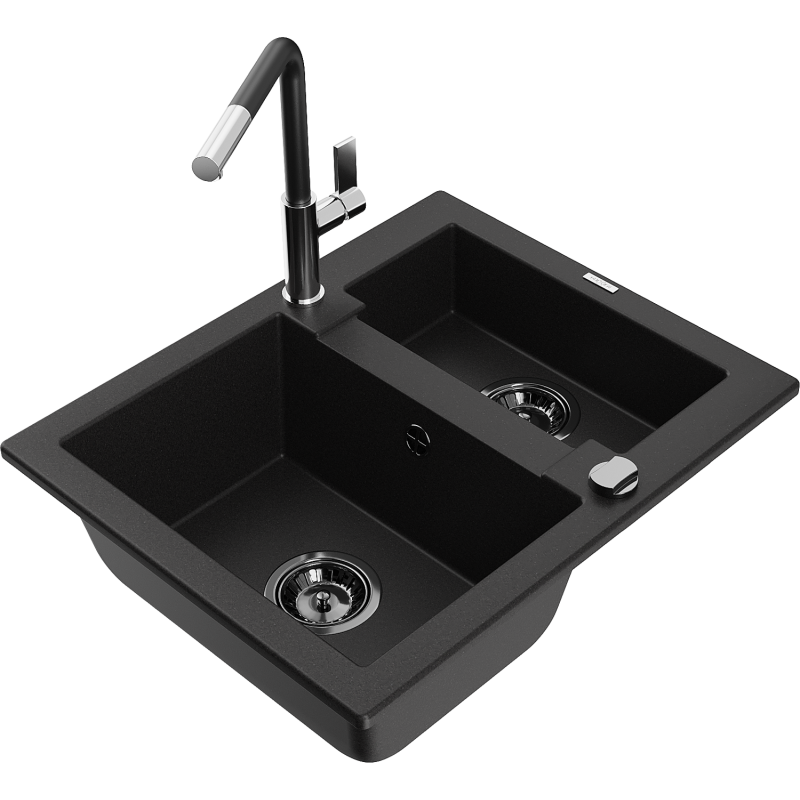 Mexen Carlos granite sink 1.5-bowl with Flora kitchen tap, black - 6518-77-670401-07-B