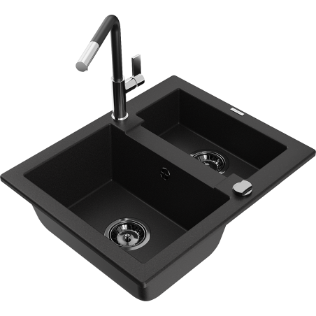 Mexen Carlos granite sink 1.5-bowl with Flora kitchen faucet, black - 6518-77-670401-07-B