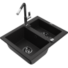 Mexen Carlos granite sink 1.5-bowl with Flora kitchen tap, black - 6518-77-670401-07-B