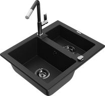 Mexen Carlos granite sink 1.5-bowl with Flora kitchen tap, black - 6518-77-670401-07-B