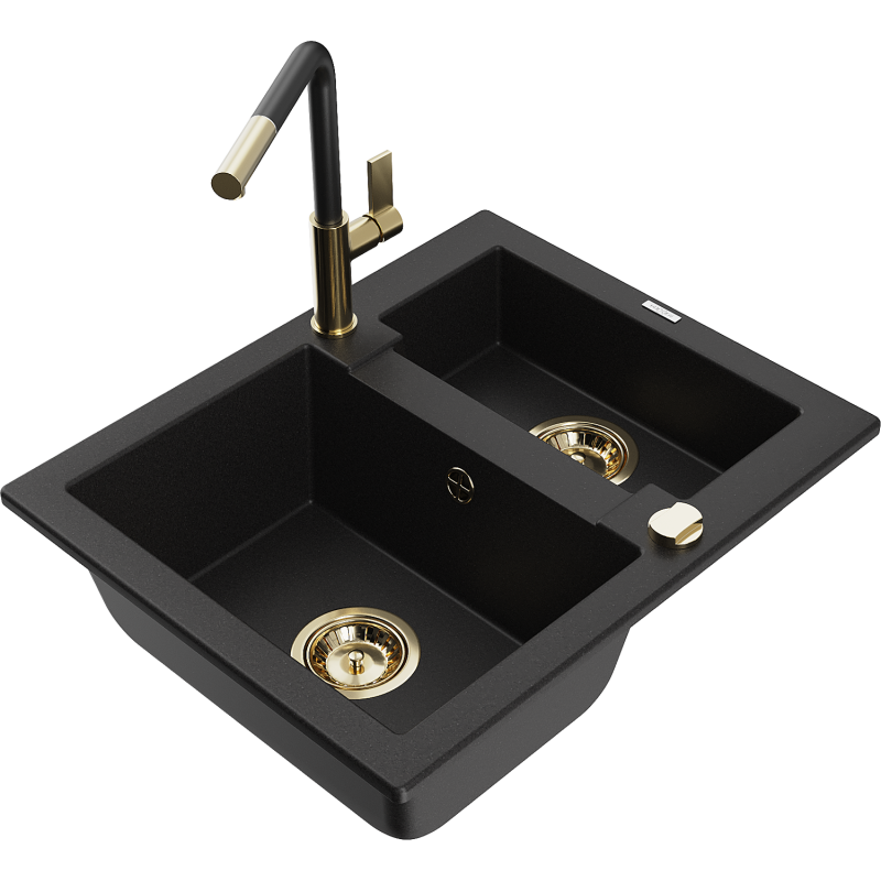 Mexen Carlos 1,5-compartment granite sink with a kitchen mixer tap Flora, Black - 6518-77-670401-57-G