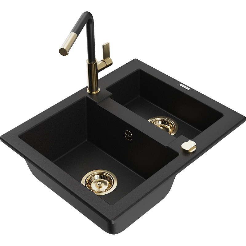 Mexen Carlos granite sink 1.5-bowl with Flora kitchen faucet, black - 6518-77-670401-57-G