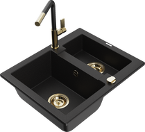 Mexen Carlos granite sink 1.5-bowl with Flora kitchen faucet, black - 6518-77-670401-57-G