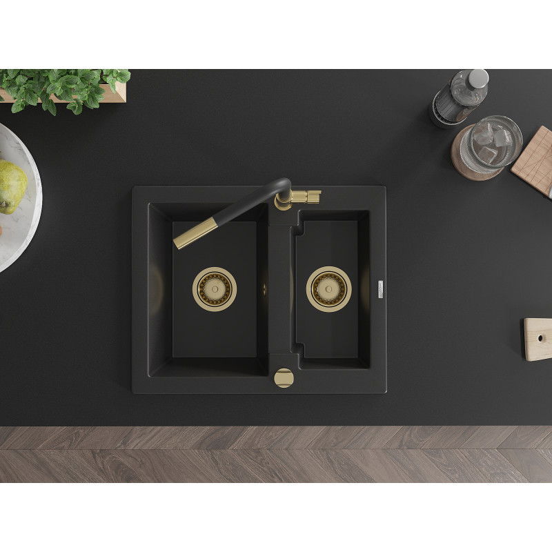 Mexen Carlos granite kitchen sink 1.5-bowl with Flora kitchen tap, black - 6518-77-670401-57-G