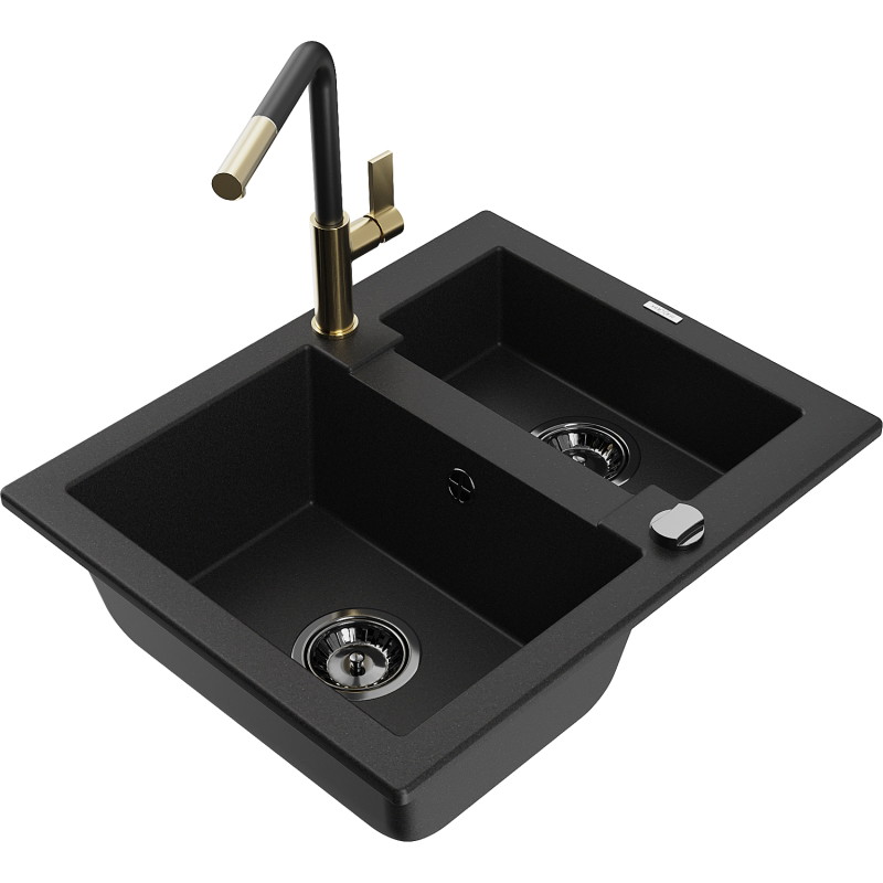 Mexen Carlos 1.5-bowl granite sink with Flora kitchen faucet, black - 6518-77-670401-57-B