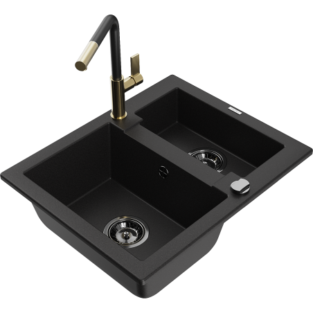 Mexen Carlos Granite Sink 1.5-Bowl with Flora Kitchen Faucet, Black - 6518-77-670401-57-B