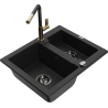 Mexen Carlos 1.5-bowl granite sink with Flora kitchen faucet, black - 6518-77-670401-57-B