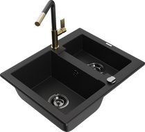 Mexen Carlos Granite Sink 1.5-Bowl with Flora Kitchen Faucet, Black - 6518-77-670401-57-B