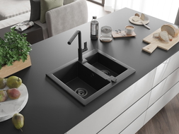 Mexen Carlos granite sink 1.5-bowl with Flora kitchen faucet, black - 6518-77-670401-70-B