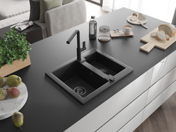 Mexen Carlos granite sink 1.5-bowl with Flora kitchen tap, black - 6518-77-670401-70-B