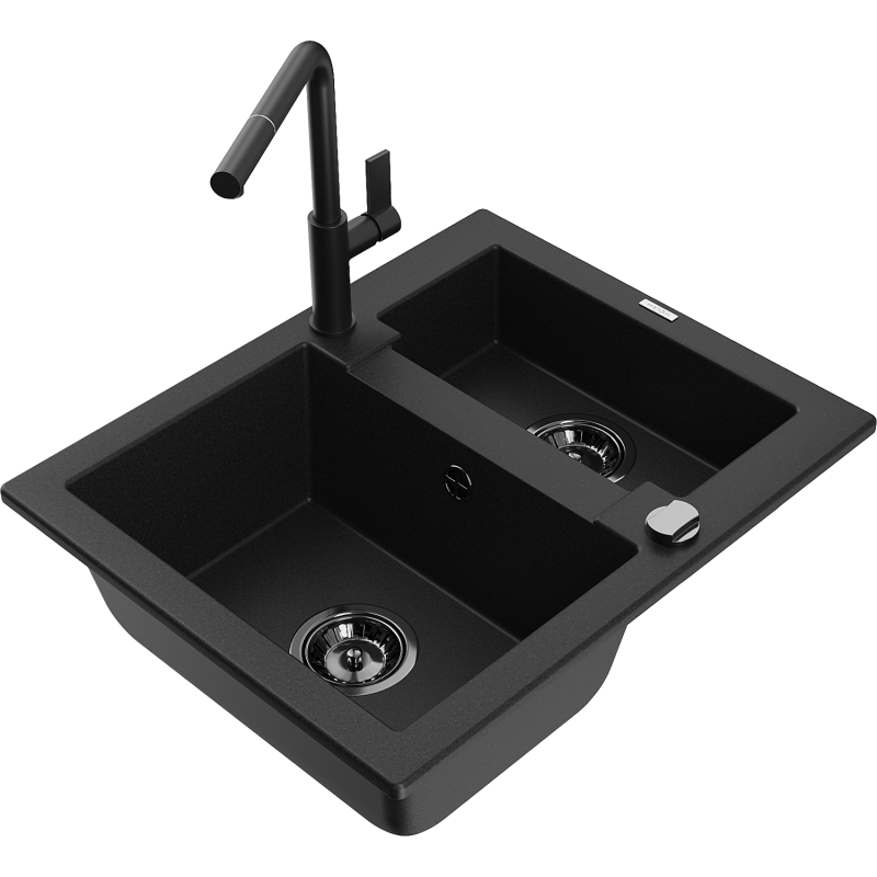 Mexen Carlos granite sink 1.5-bowl with Flora kitchen tap, black - 6518-77-670401-70-B
