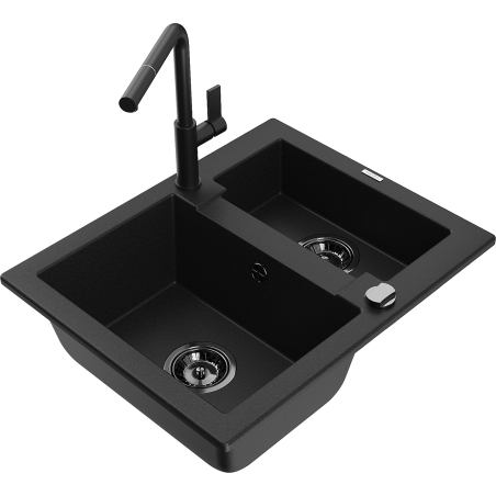 Mexen Carlos 1.5-bowl granite kitchen sink with Flora kitchen faucet, black - 6518-77-670401-70-B