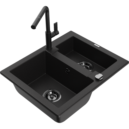 Mexen Carlos granite sink 1.5-bowl with Flora kitchen faucet, black - 6518-77-670401-70-B