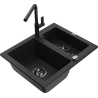 Mexen Carlos granite sink 1.5-bowl with Flora kitchen tap, black - 6518-77-670401-70-B