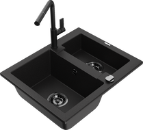 Mexen Carlos granite sink 1.5-bowl with Flora kitchen faucet, black - 6518-77-670401-70-B