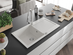 Mexen Leo 1-compartment granite sink with a drip tray and kitchen mixer tap Elia, White - 6501-20-670101-00