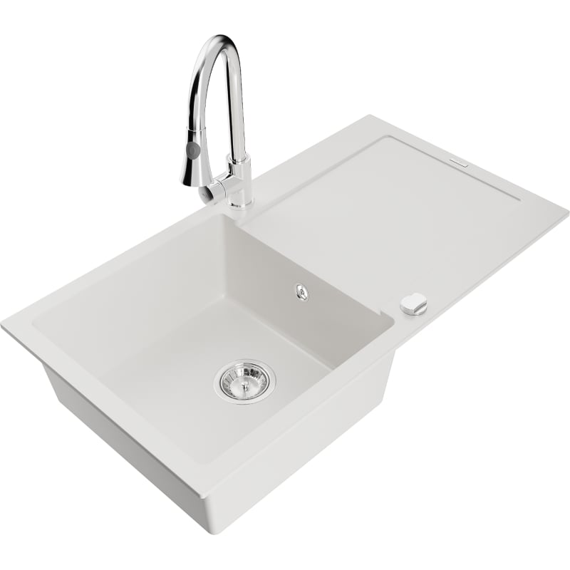 Mexen Leo single-bowl granite sink with drainer and Elia kitchen faucet, white - 6501-20-670101-00