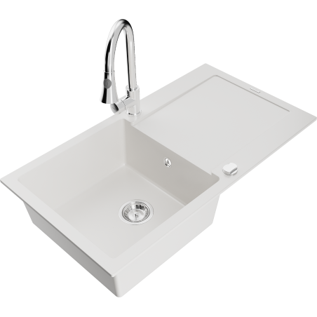 Mexen Leo 1-compartment granite sink with a drip tray and kitchen mixer tap Elia, White - 6501-20-670101-00