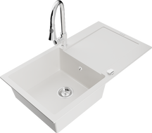 Mexen Leo single-bowl granite sink with drainer and Elia kitchen faucet, white - 6501-20-670101-00