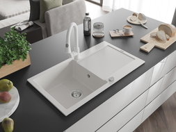 Mexen Leo granite kitchen sink 1-bowl with drainer and Elia kitchen faucet, white - 6501-20-670101-20