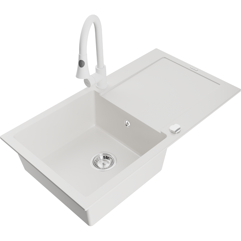 Mexen Leo 1-compartment granite sink with a drip tray and kitchen mixer tap Elia, White - 6501-20-670101-20