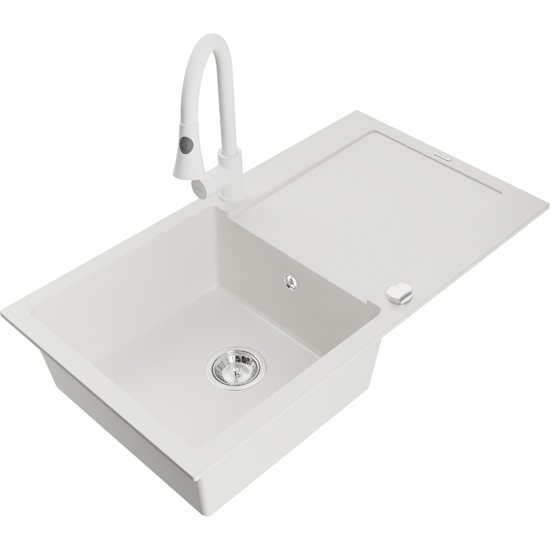 Mexen Leo granite kitchen sink 1-bowl with drainer and Elia kitchen faucet, white - 6501-20-670101-20