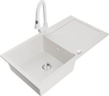 Mexen Leo 1-compartment granite sink with a drip tray and kitchen mixer tap Elia, White - 6501-20-670101-20