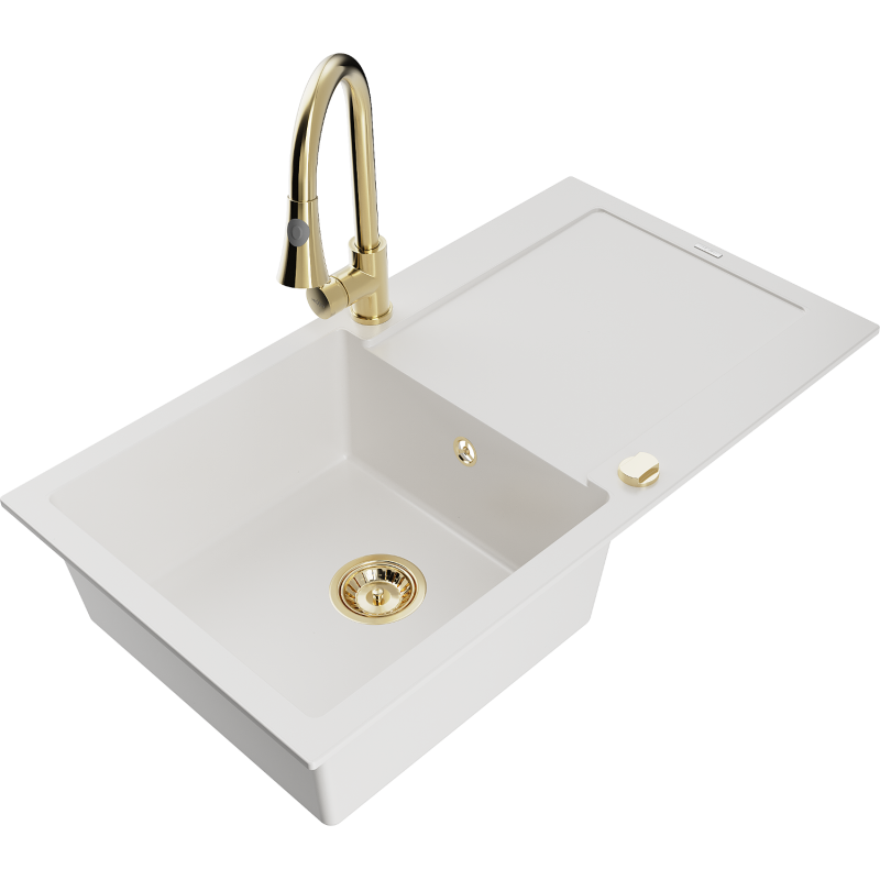 Mexen Leo 1-bowl granite sink with drainer and Elia kitchen tap, white - 6501-20-670101-50