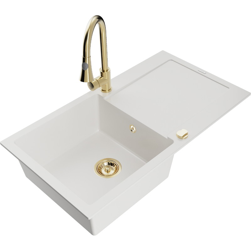Mexen Leo granite sink single-bowl with drainer and kitchen faucet Elia, white - 6501-20-670101-50