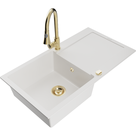 Mexen Leo single-bowl granite kitchen sink with drainer and Elia kitchen faucet, white - 6501-20-670101-50