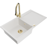 Mexen Leo single-bowl granite kitchen sink with drainer and Elia kitchen faucet, white - 6501-20-670101-50