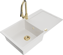 Mexen Leo 1-compartment granite sink with a drip tray and kitchen mixer tap Elia, White - 6501-20-670101-50